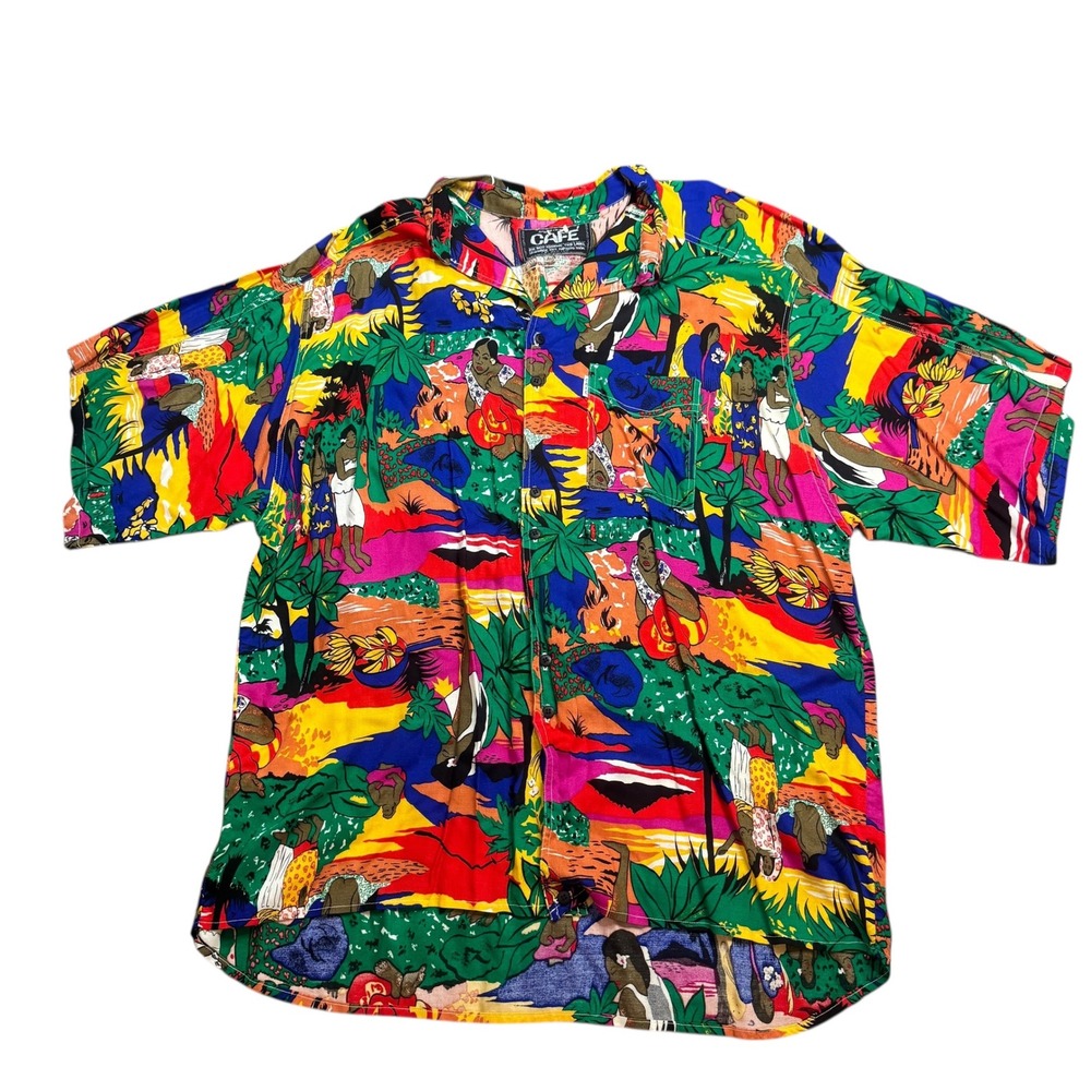 Vintage CAFE Hawaiian Shirt Men's Tropical Print Button Up Short Sleeve SZ L